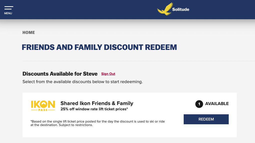 Screenshot of Ikon Pass discount redemption page