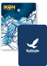 Collage of season passes, Ikon Pass creative in the back, and a Solitude Mountain Resort pass in front