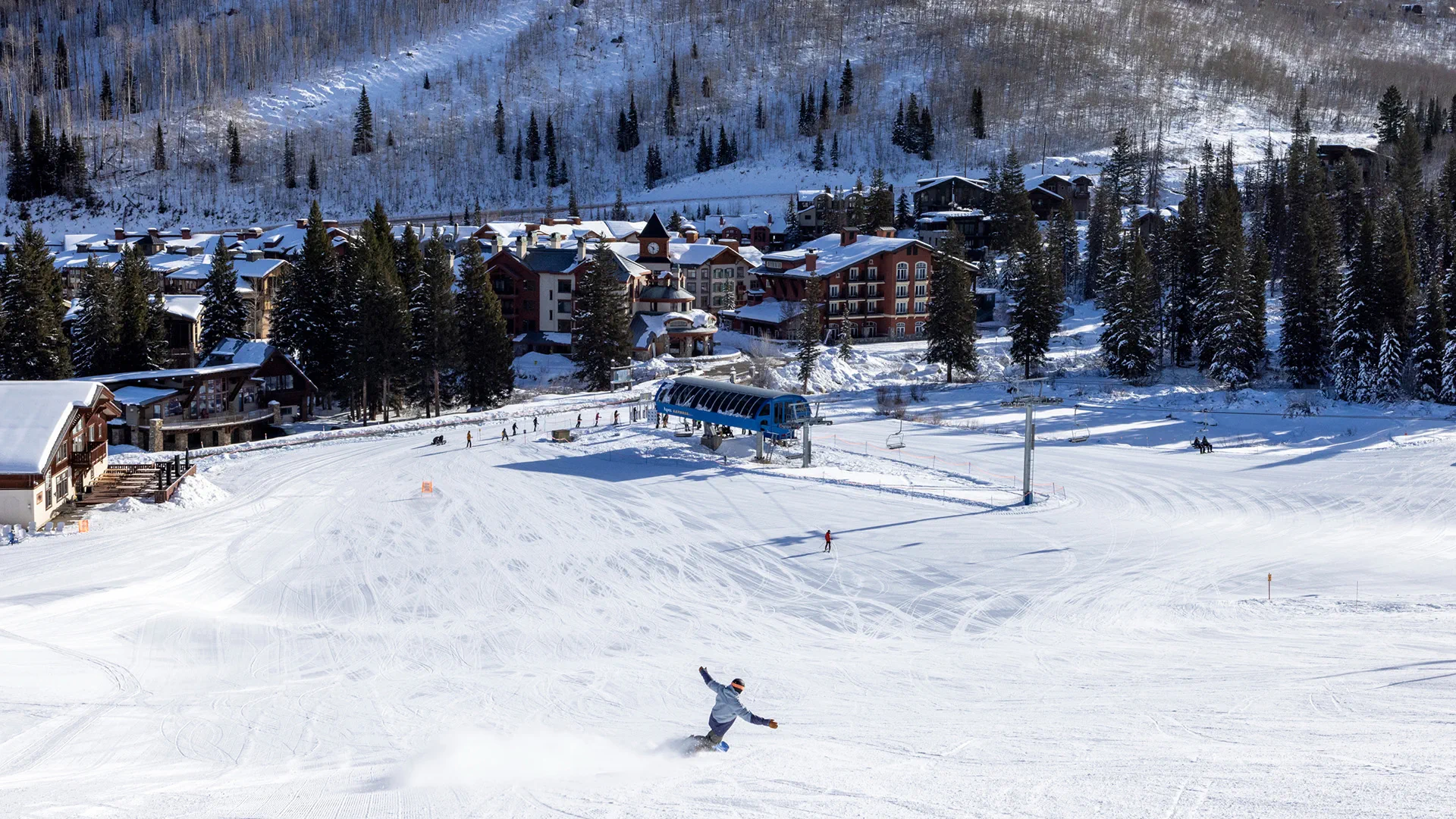 Snowboarding down to lodging at Solitude Mountain Resort
