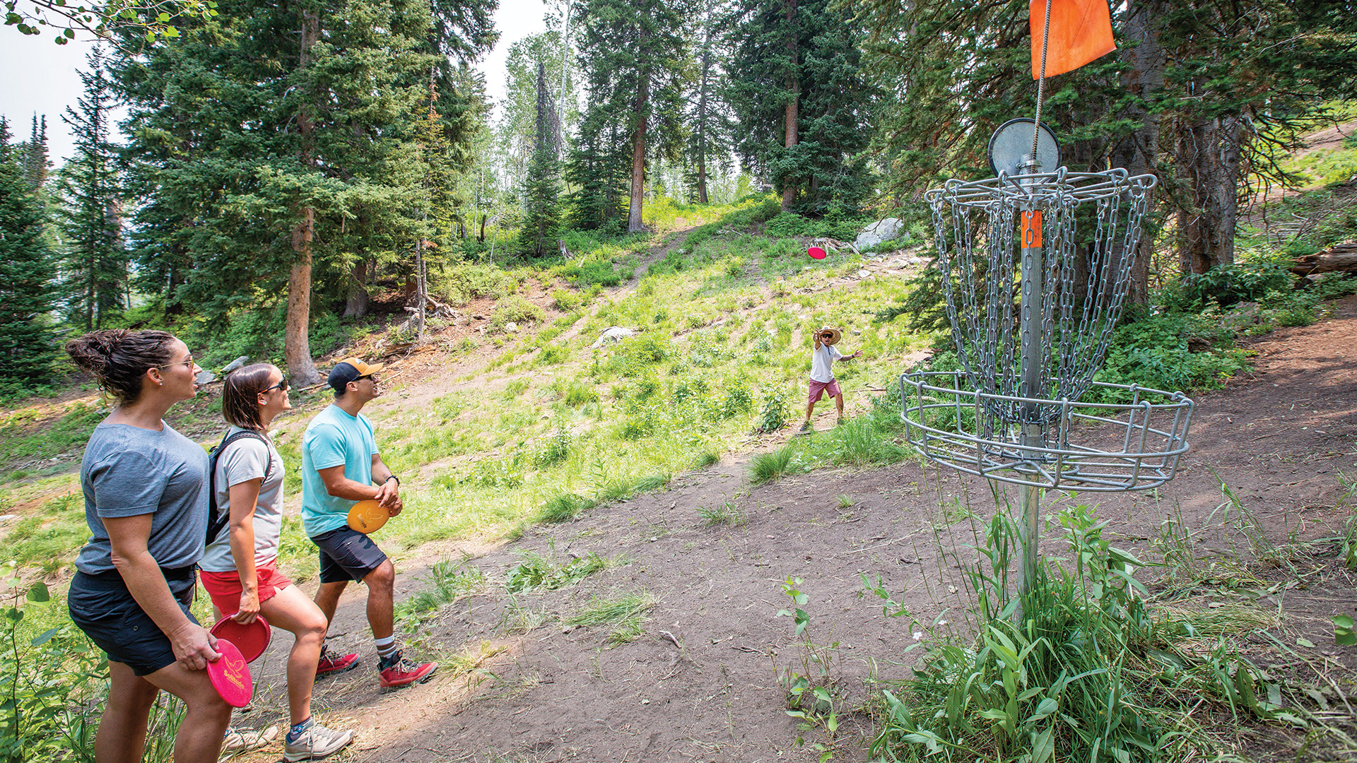Disc golfer watching shot approach the hole at Solitude Mountain