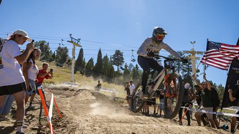 An athlete participates in the Pro Downhill Series at Solitude Mountain Resort