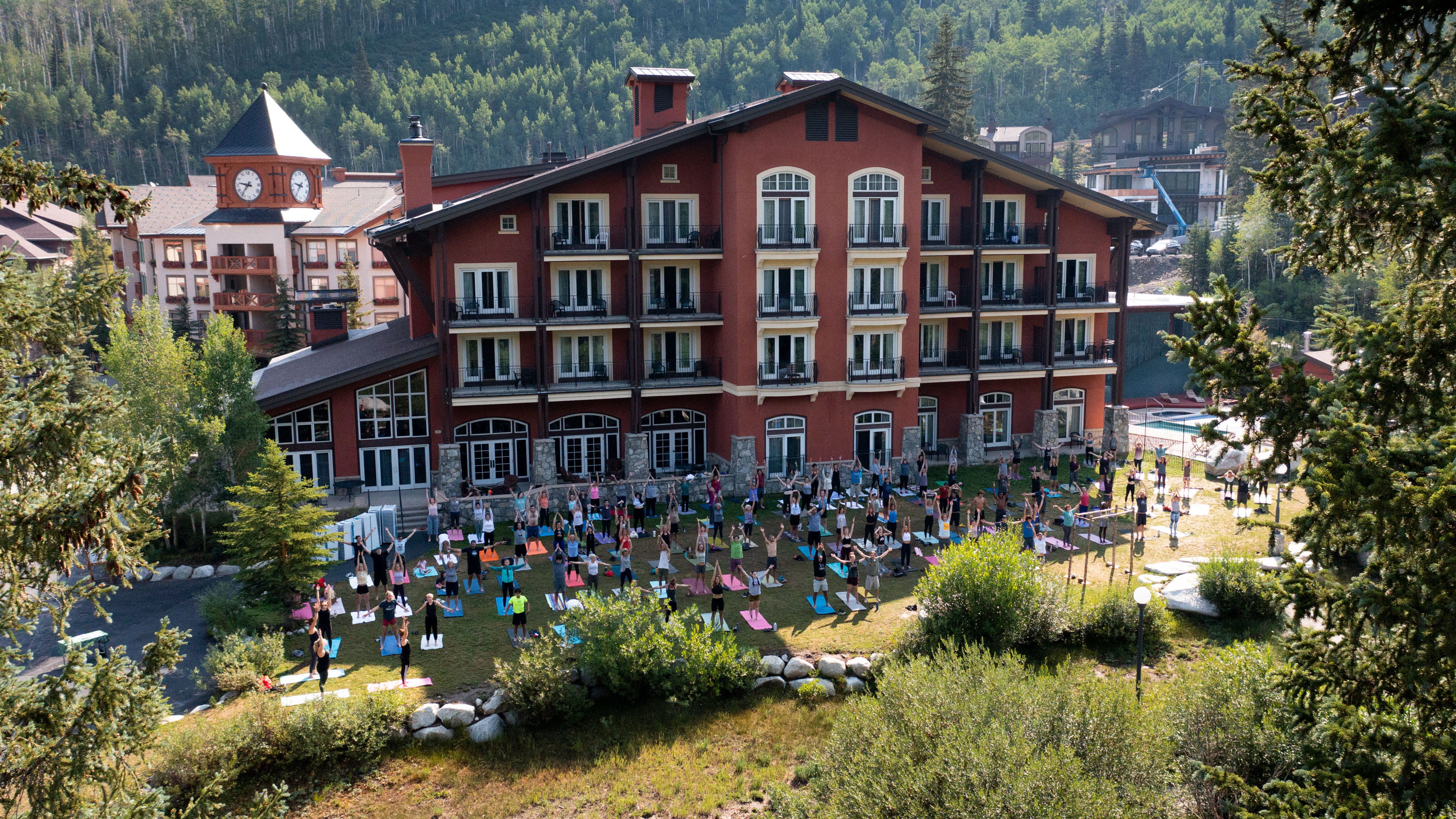 Drone photo of guests participating in Yoga at Solitude