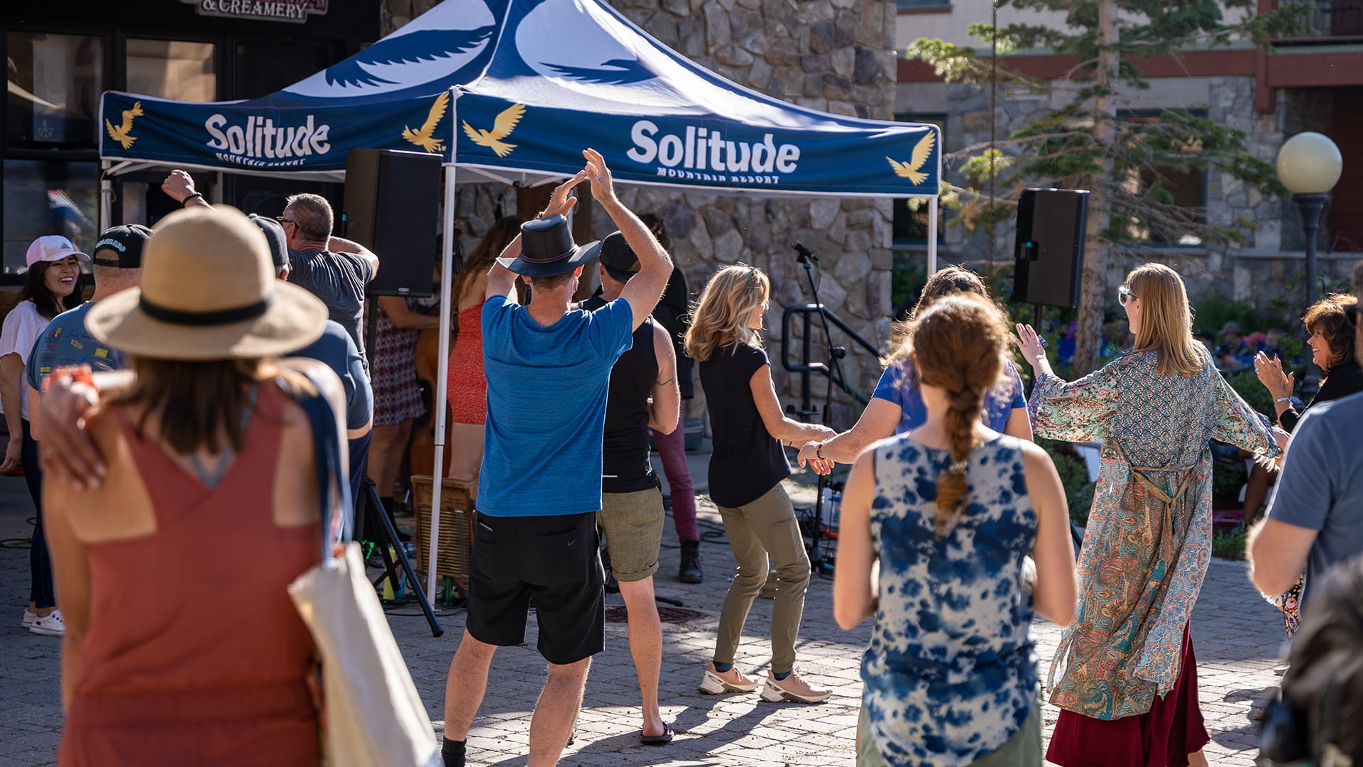 People dancing at Solitude Mountain Resort's Sunday Live Music Series