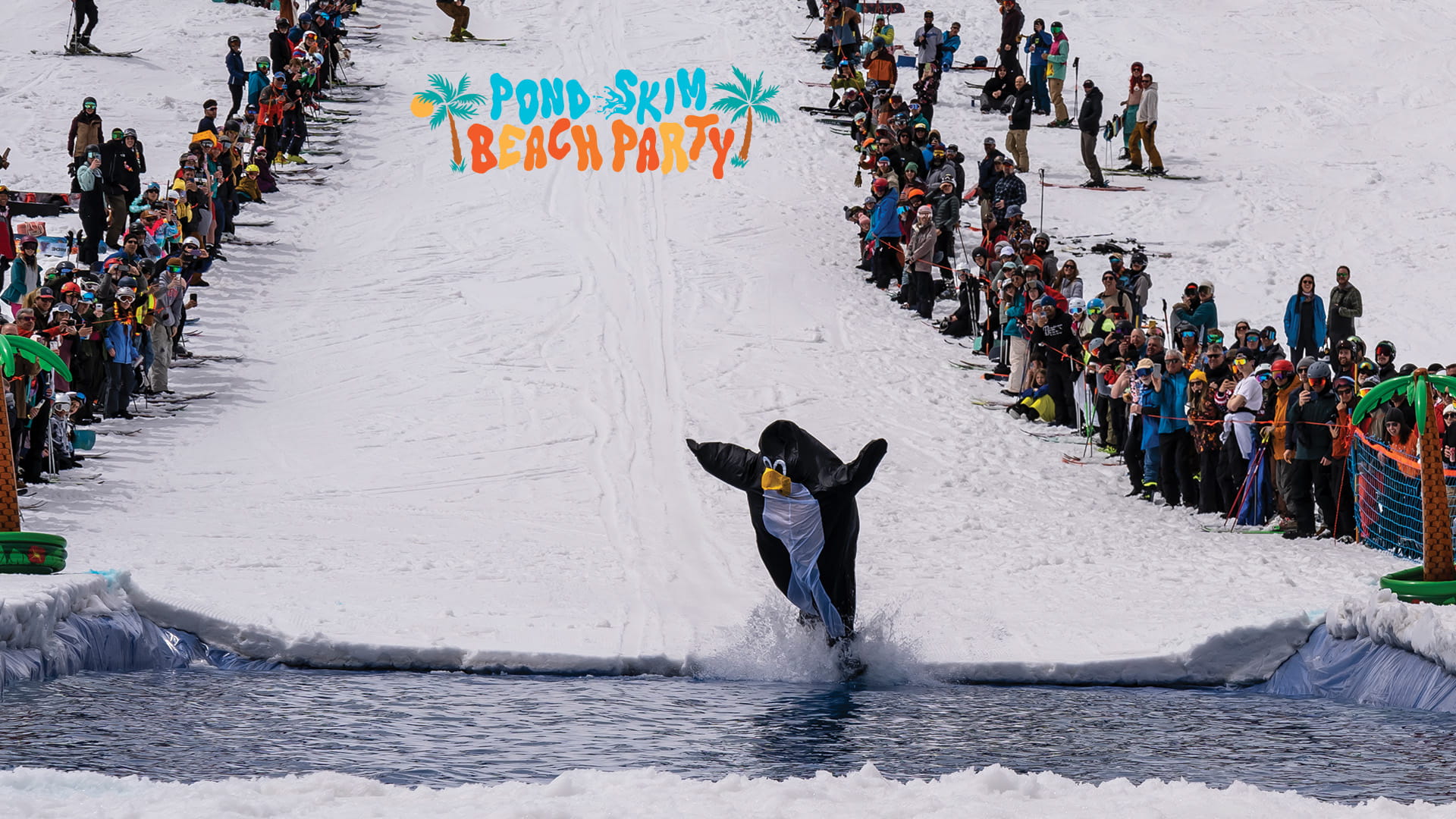 A snowboarder dressed at a penguin attempting the Pond Skim at Solitude