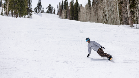 A snowboard rides at Solitude Mountain Resort
