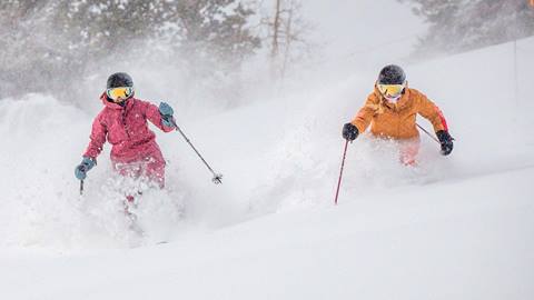 Skiers play in the powder at Solitude Mountain Resort