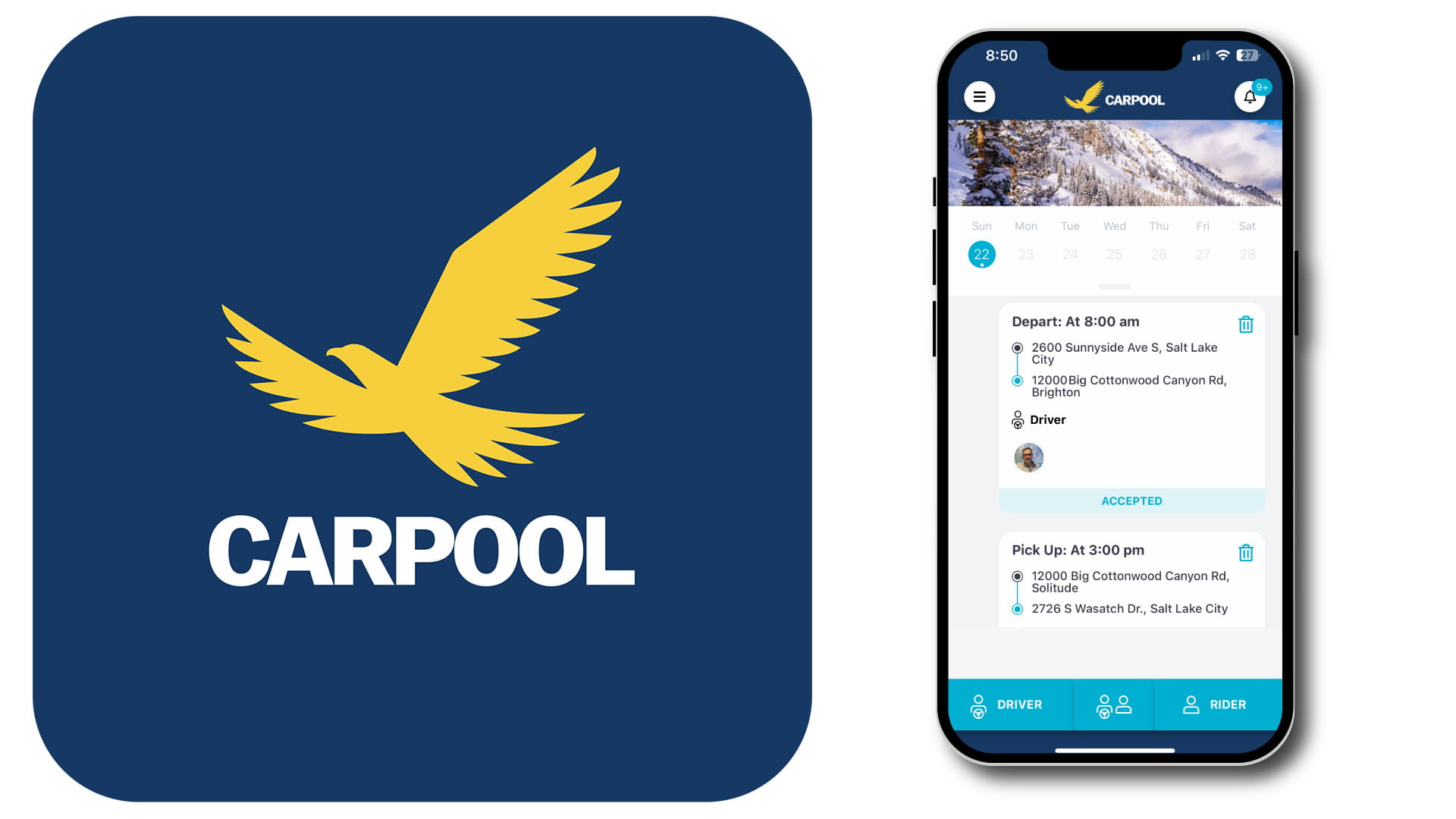 Solitude Carpool App logo and example of how the app works