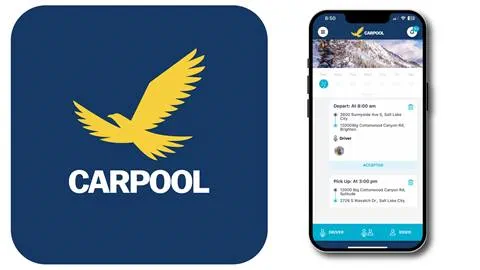 Solitude Carpool App logo and example of how the app works