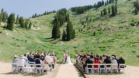 Wedding ceremony in scenic Utah summer nature at Solitude Mountain Resort