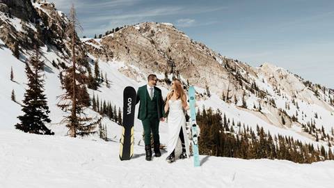 Winter wedding with Honeycomb Canyon in the background at Solitude Mountain Resort