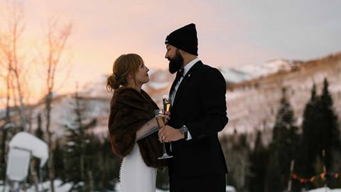 Outdoor winter wedding celebration at Solitude Mountain Resort