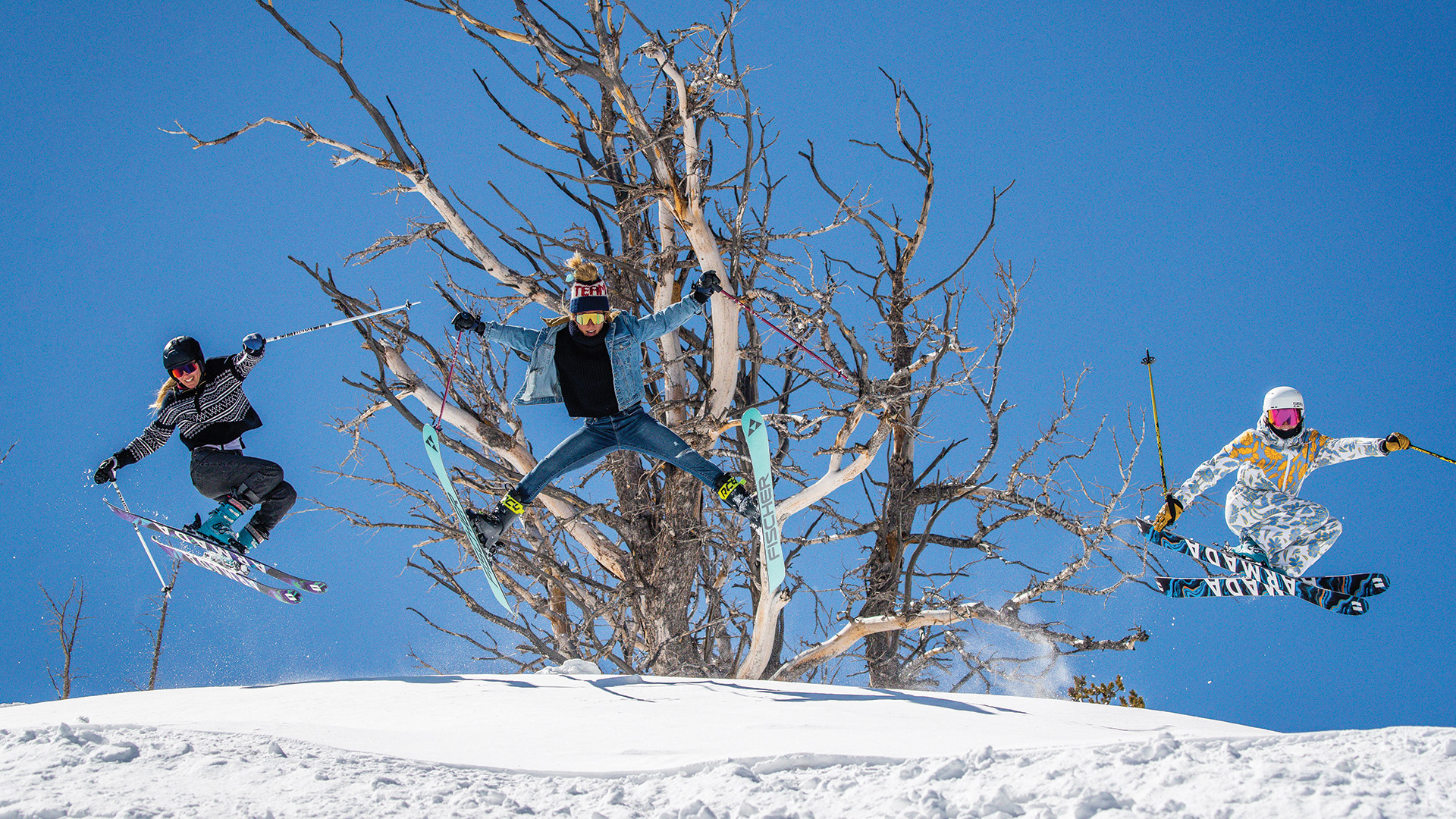 Three friends spring skiing at Solitude