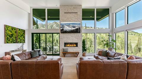 Fireplace and mountain view from Mountain Estates 5 Luxury Rental at Solitude Mountain Resort
