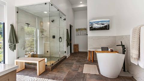 Bathroom tub and shower at Mountain Estates 5 Luxury Rental at Solitude Mountain Resort