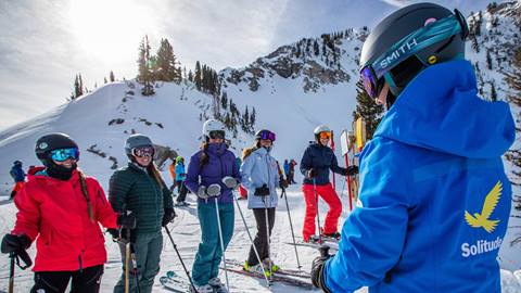 Skiers with instructor in the Solitude Ski & Ride School Women on Wednesdays Program