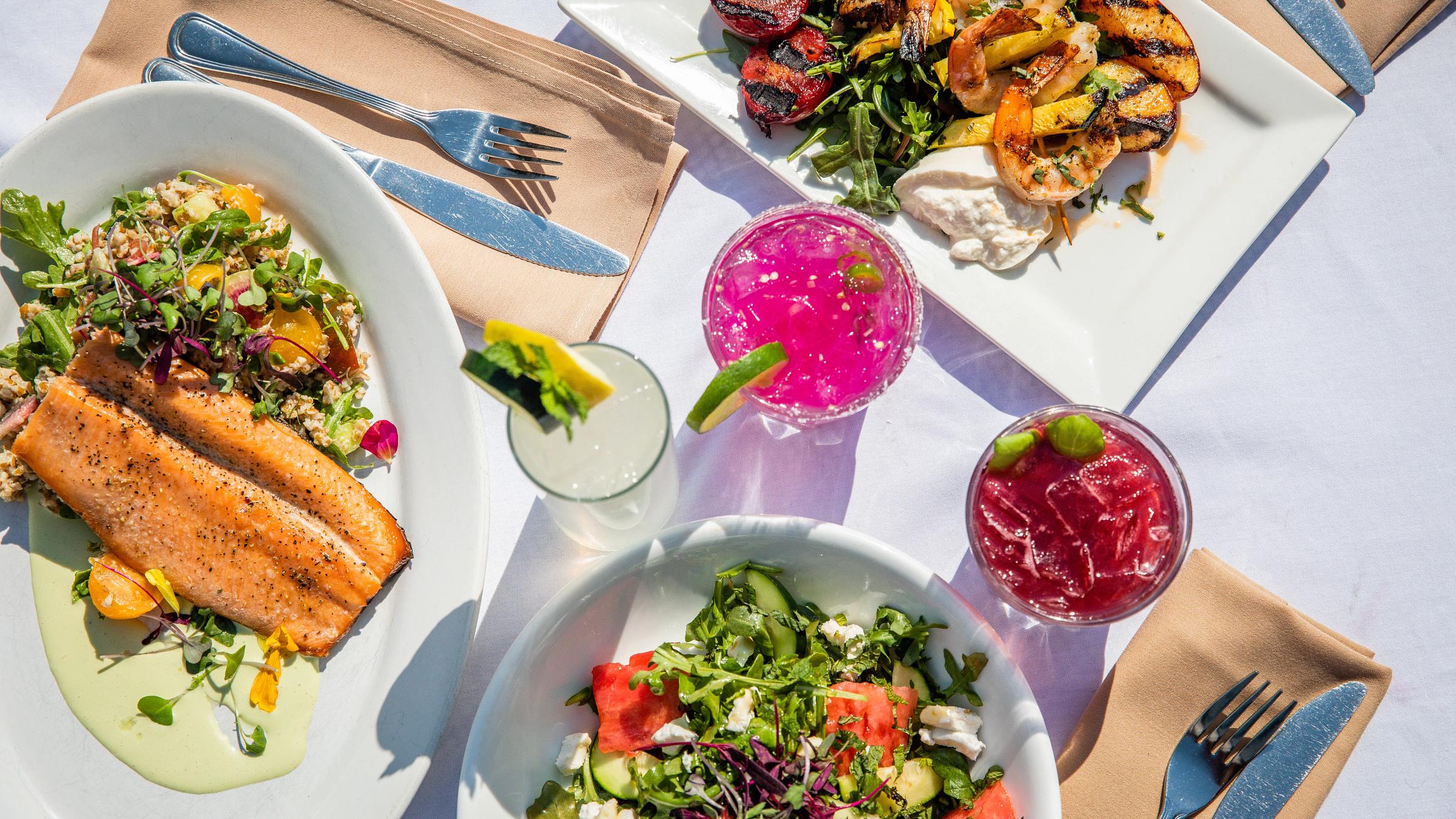 Idaho trout, shrimp skewers, and watermelon salad with the Crystal Point cooler, Black Forest bramble, and Here Be Dragons margarita from Honeycomb Grill at Solitude Mountain Resort