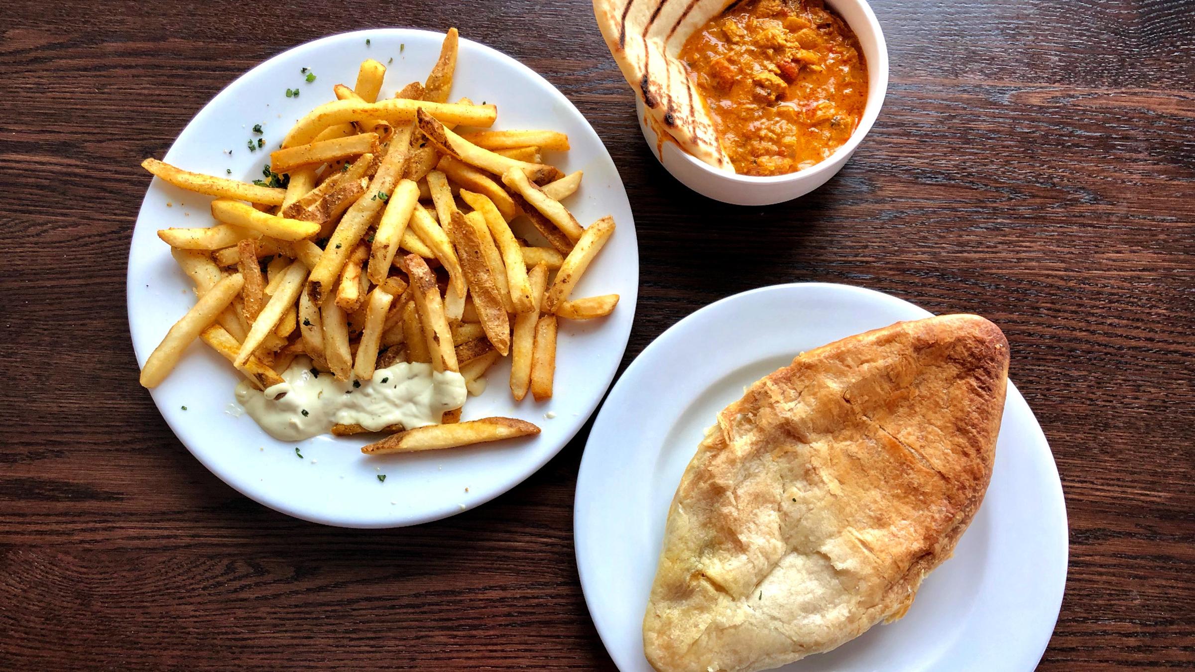 Roundhouse curry fries and pot pie