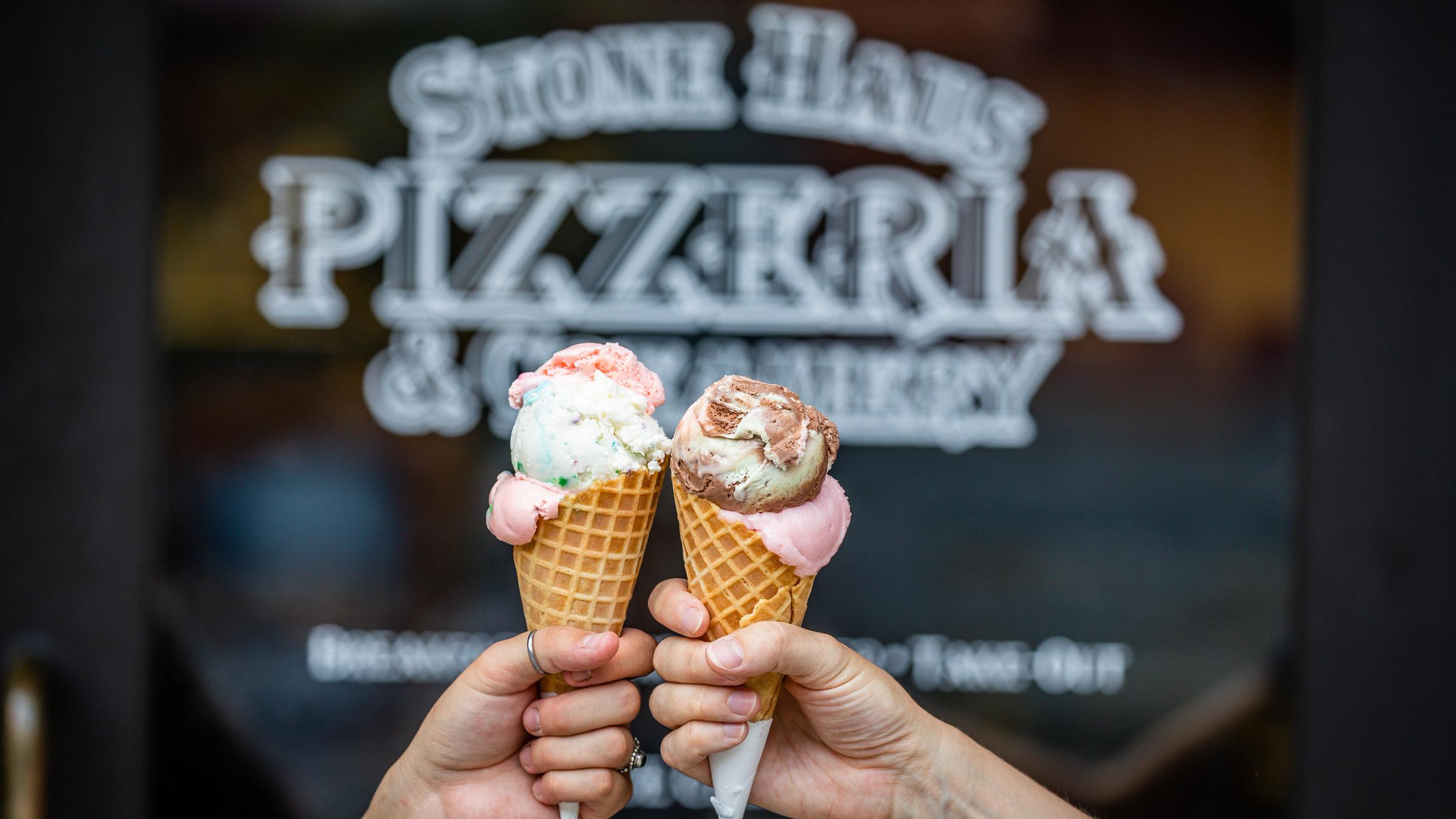 Two ice cream cones from Stone Haus Pizzeria & Creamery at Solitude Mountain Resort
