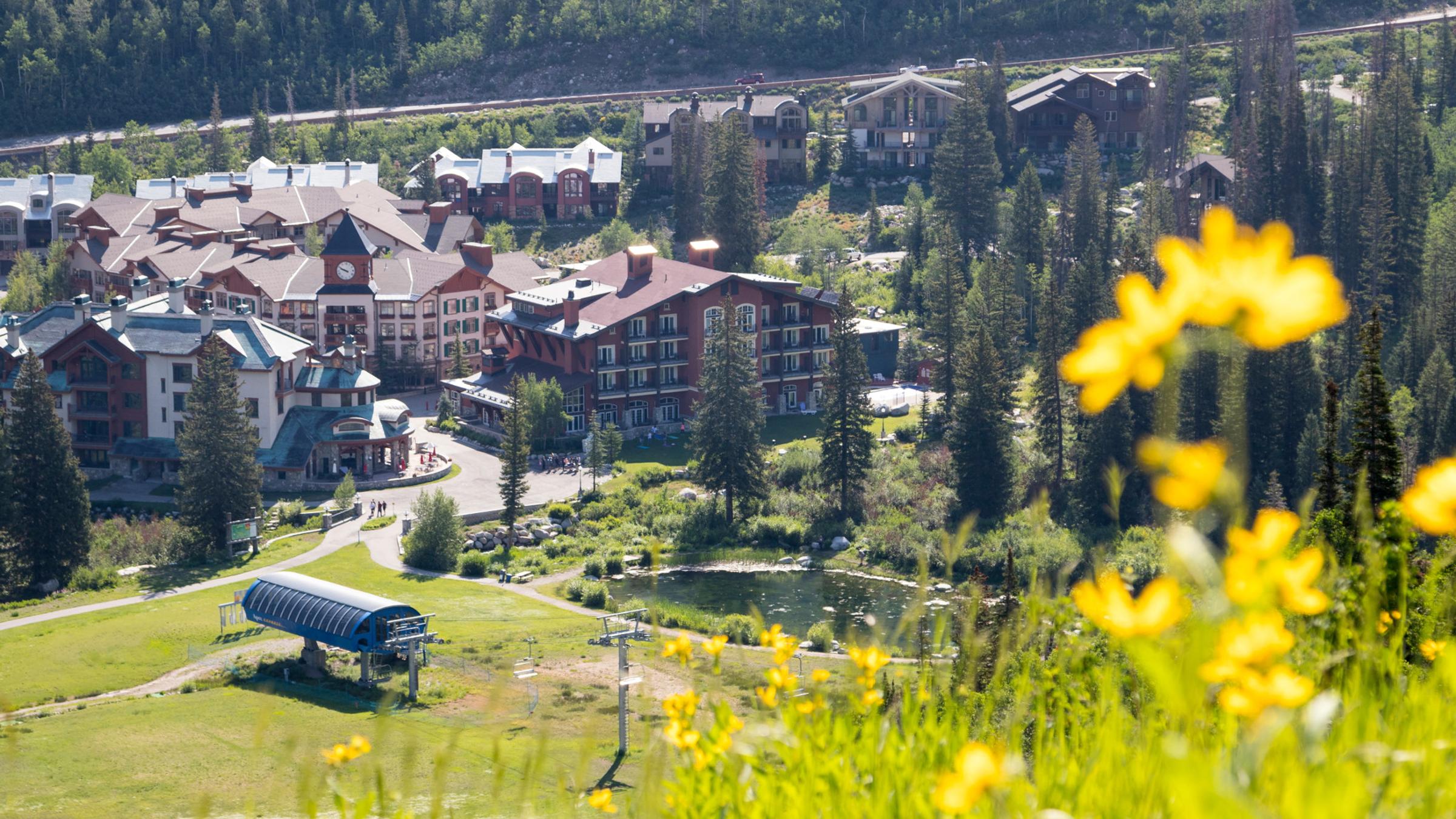 View of Solitude Village in the summer from the slope with wildflowers
