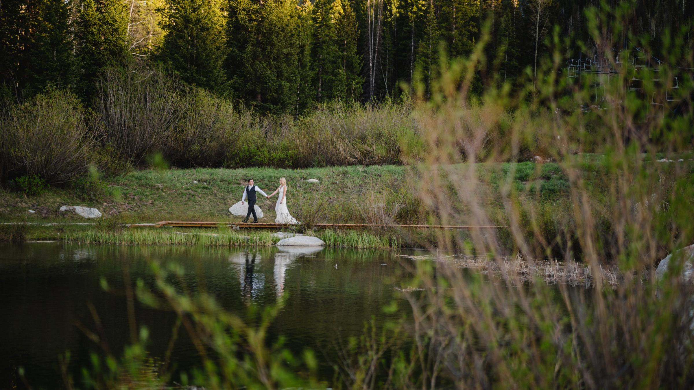 Bride and Groom next to the Village Pond