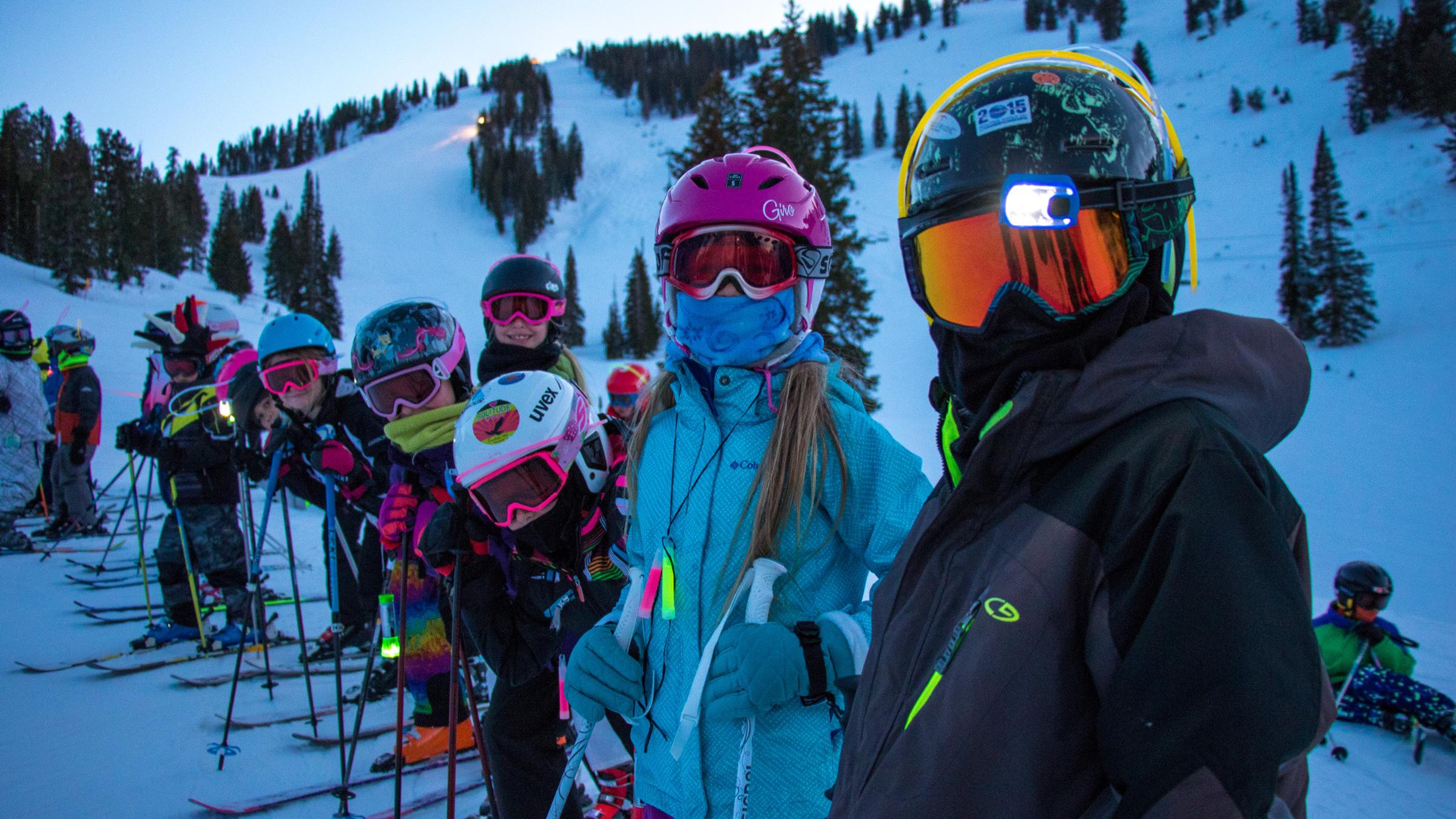Kids ready to ski at the Glow Parade
