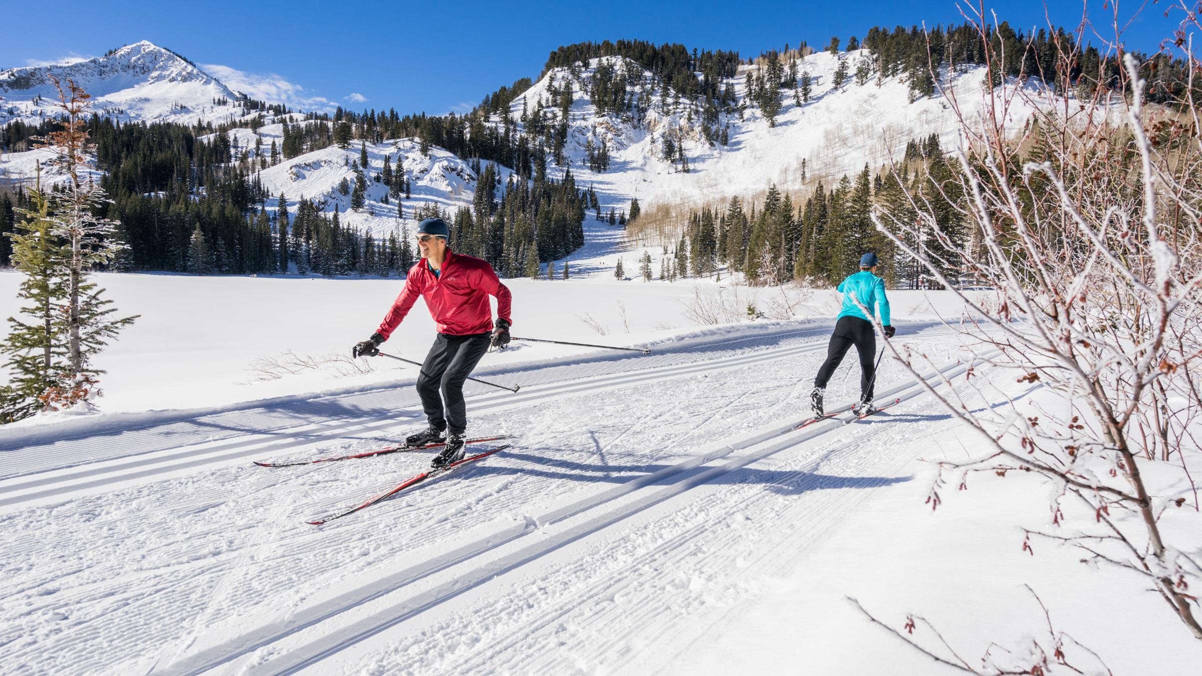 Two people passing each other on the groomed Nordic ski trails while Nordic skiing