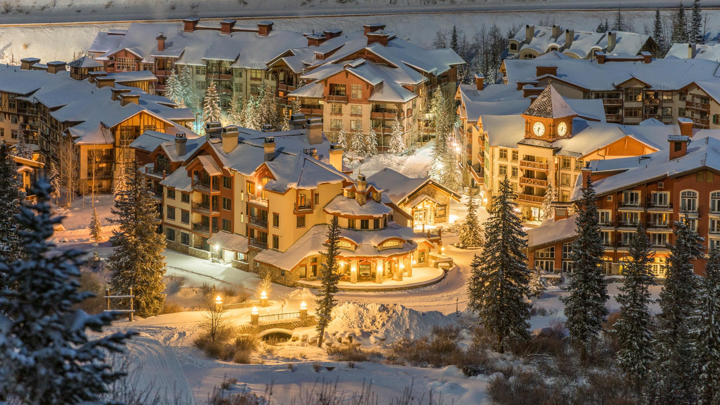 Solitude Village under fresh snow at night