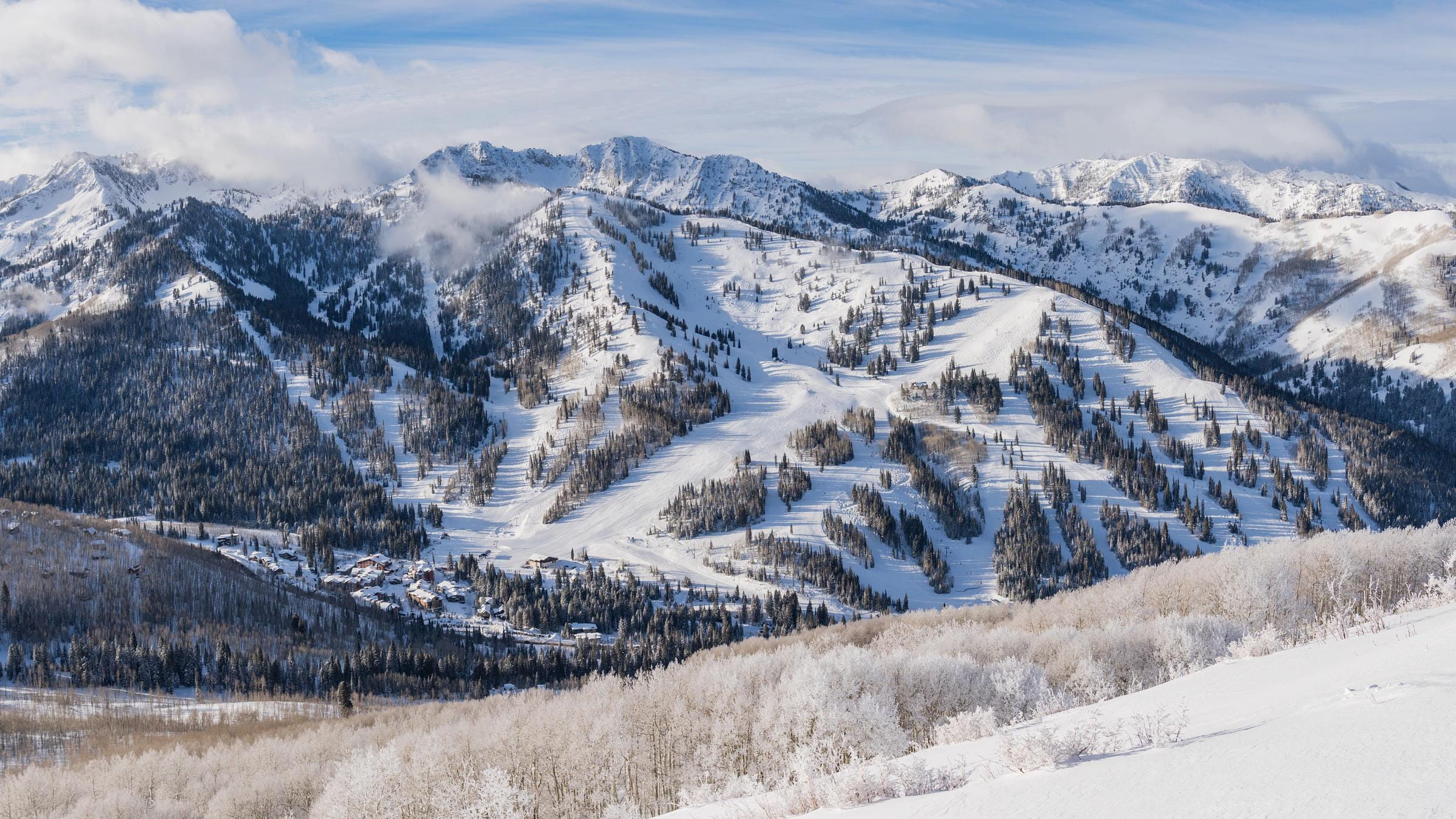 A panoramic view of Solitude Mountain Resort in Big Cottonwood Canyon, Utah